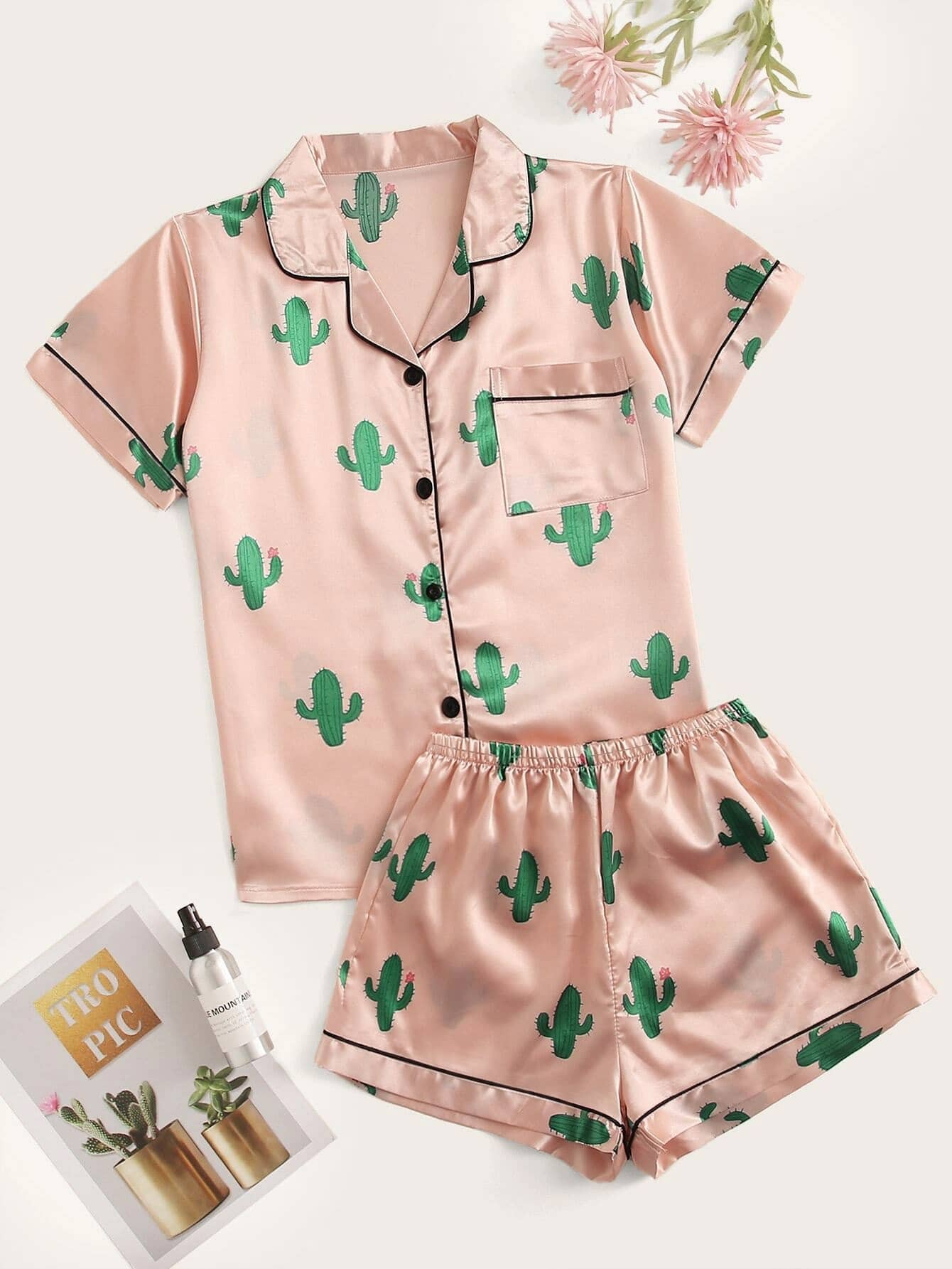 Cactus Print Satin Pyjama Set - Baby Pink - View 1