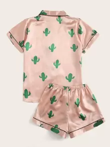 Cactus Print Satin Pyjama Set - Baby Pink - View 2