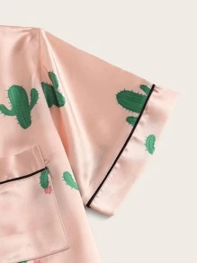 Cactus Print Satin Pyjama Set - Baby Pink - View 3