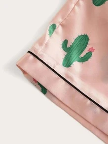 Cactus Print Satin Pyjama Set - Baby Pink - View 4