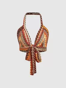 SHEIN MOD Top halter con estampado de cheurón con cordón delantero - Multicolor - Ver 1