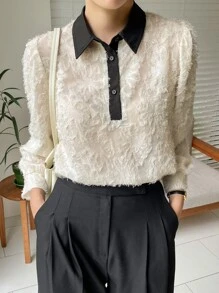 DAZY Contrast Collar Puff Sleeve Fuzzy Shirt - White - View 1