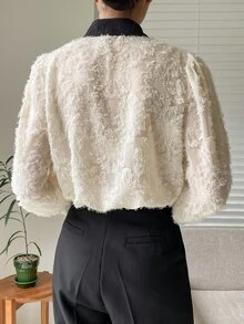 DAZY Contrast Collar Puff Sleeve Fuzzy Shirt - White - View 2