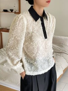 DAZY Contrast Collar Puff Sleeve Fuzzy Shirt - White - View 3