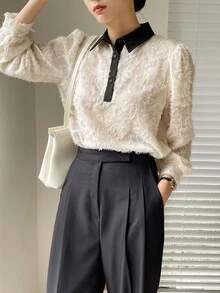 DAZY Contrast Collar Puff Sleeve Fuzzy Shirt - White - View 5