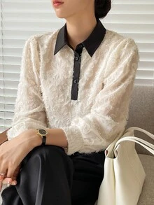 DAZY Contrast Collar Puff Sleeve Fuzzy Shirt - White - View 6