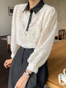 DAZY Contrast Collar Puff Sleeve Fuzzy Shirt - White - View 7