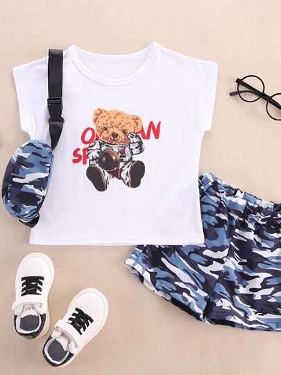 تي شيرت بجرافيك رسوم كارتون مع شورت مموة للاولاد الصغار