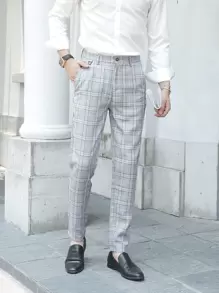 Manfinity Mode Men Suit Pants Nút Túi Dây kéo Sọc ca rô - Màu Xám nhạt - Xem 4