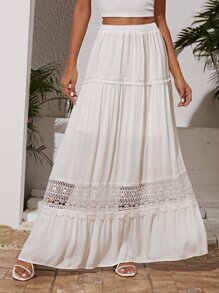 SHEIN VCAY Falda Con Dobladillo De Volantes Y Detalle De Encaje Guipure - Blanco - Ver 2