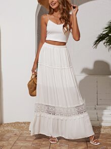 SHEIN VCAY Falda Con Dobladillo De Volantes Y Detalle De Encaje Guipure - Blanco - Ver 4