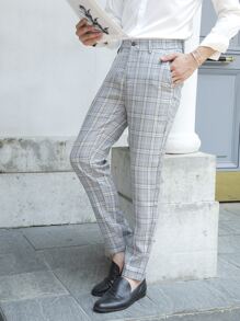 Manfinity Mode Men Suit Pants Nút Túi Dây kéo Sọc ca rô - Màu Xám nhạt - Xem 5