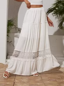 SHEIN VCAY Falda Con Dobladillo De Volantes Y Detalle De Encaje Guipure - Blanco - Ver 5