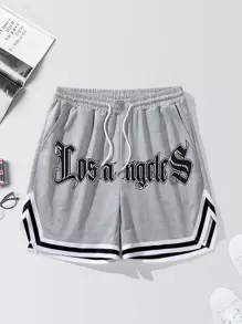 Aesthetic Post--Loose Fit Men's Short With Letter Print, Contrast Trimming And Drawstring Waist - Light Grey - View 1