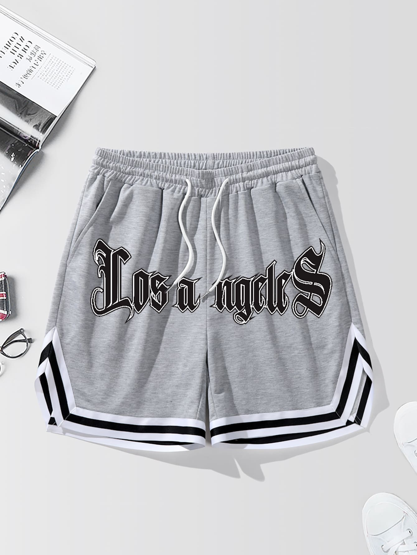 Aesthetic Post--Loose Fit Men's Short With Letter Print, Contrast Trimming And Drawstring Waist - Light Grey - View 1