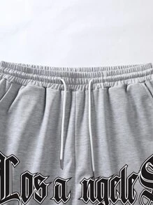 Aesthetic Post--Loose Fit Men's Short With Letter Print, Contrast Trimming And Drawstring Waist - Light Grey - View 5