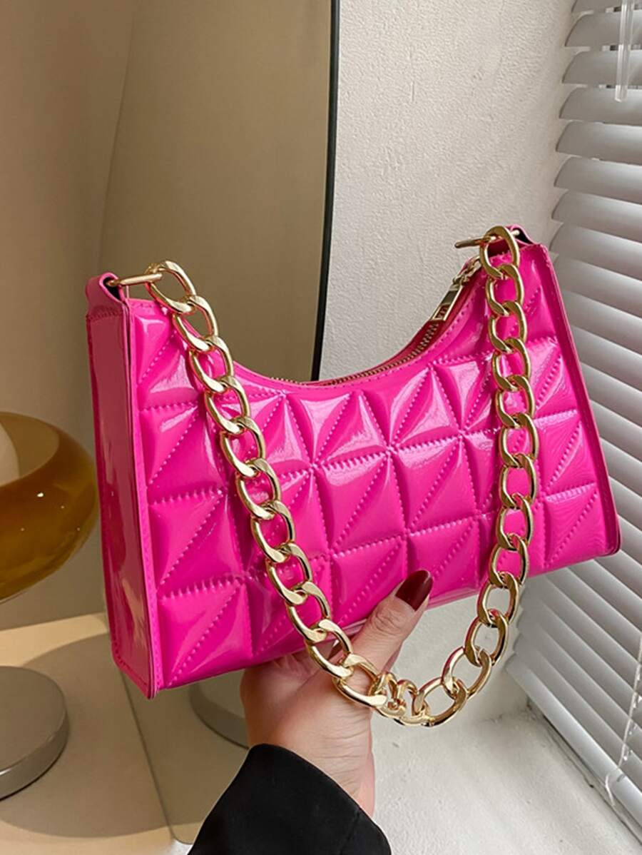 螢光紅衍縫鏈條人造漆皮法棍包 - 玫紅色 - 查看 1