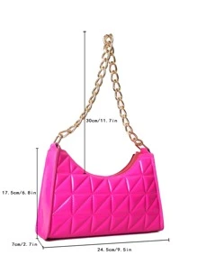 螢光紅衍縫鏈條人造漆皮法棍包 - 玫紅色 - 查看 2