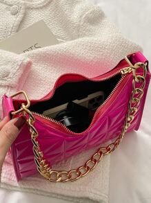 螢光紅衍縫鏈條人造漆皮法棍包 - 玫紅色 - 查看 3