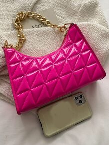 螢光紅衍縫鏈條人造漆皮法棍包 - 玫紅色 - 查看 4