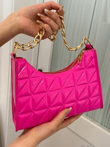 螢光紅衍縫鏈條人造漆皮法棍包 - 玫紅色 - 查看 5