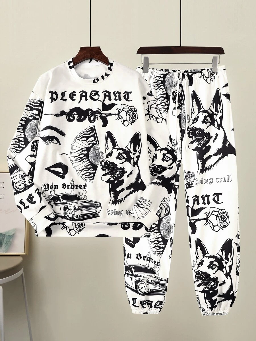 Manfinity Roghcode Bộ hai mảnh Nam Dây kéo Thú vật Lá thư Giải trí - Màu be - Xem 1