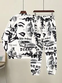 Manfinity Roghcode Bộ hai mảnh Nam Dây kéo Thú vật Lá thư Giải trí - Màu be - Xem 2