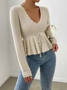 SHEIN Privé Rib-knit Scallop Trim Drawstring Waist Jumper - Beige - View 1