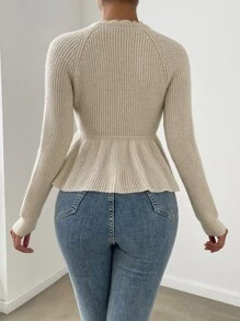 SHEIN Privé Rib-knit Scallop Trim Drawstring Waist Jumper - Beige - View 2