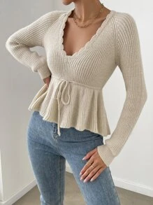 SHEIN Privé Rib-knit Scallop Trim Drawstring Waist Jumper - Beige - View 4