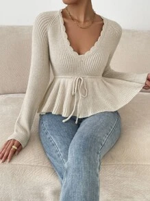 SHEIN Privé Rib-knit Scallop Trim Drawstring Waist Jumper - Beige - View 5