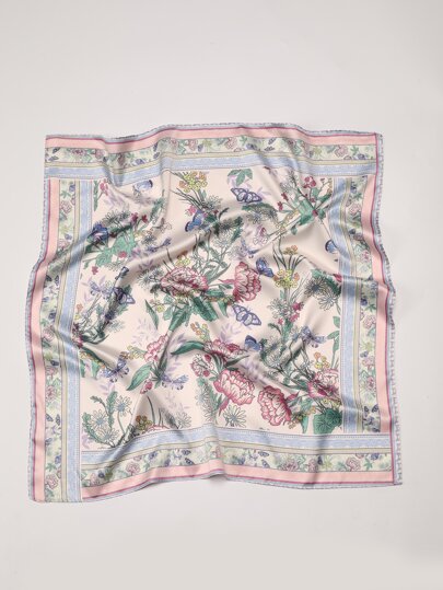 1pc Women's Bohemian Floral & Butterfly Print Elegant Satin Scarf, Neckerchief, Headscarf