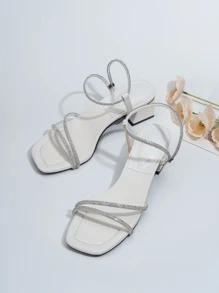 New Stylish Thick Heel Leopard Print Rhinestone Sandals, Simple Versatile High Heel Square Toe Women Shoes