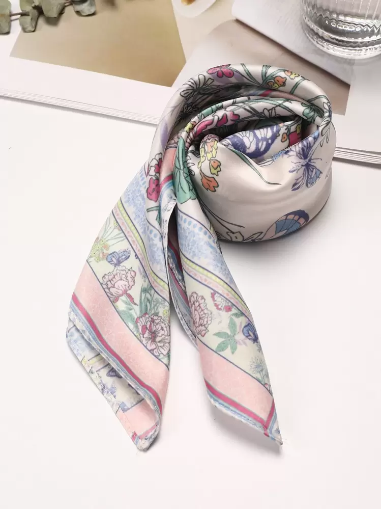 1pc Women's Bohemian Floral & Butterfly Print Elegant Satin Scarf, Neckerchief, Headscarf - Multicolor - View 2