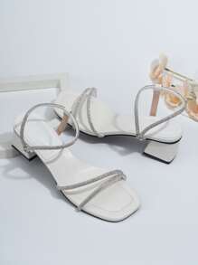 New Stylish Thick Heel Leopard Print Rhinestone Sandals, Simple Versatile High Heel Square Toe Women Shoes