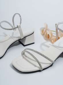 New Stylish Thick Heel Leopard Print Rhinestone Sandals, Simple Versatile High Heel Square Toe Women Shoes