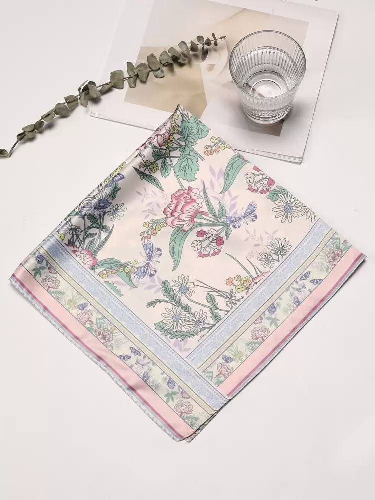 1pc Women's Bohemian Floral & Butterfly Print Elegant Satin Scarf, Neckerchief, Headscarf - Multicolor - View 5