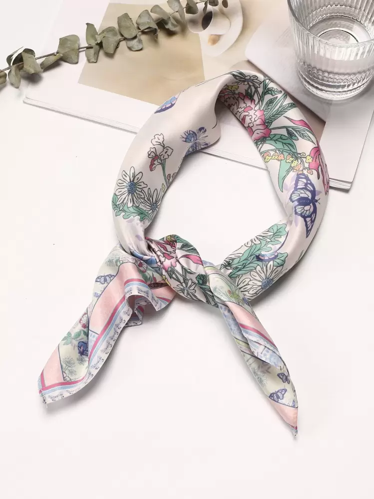 1pc Women's Bohemian Floral & Butterfly Print Elegant Satin Scarf, Neckerchief, Headscarf - Multicolor - View 6