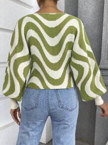 SHEIN Unity 波浪撞色灯笼袖针织套头衫 秋冬款 - 彩色 - 查看 2