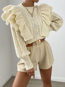 RosyDaze Cable Knit Ruffle Trim Lantern Sleeve Jumper - Beige - View 1