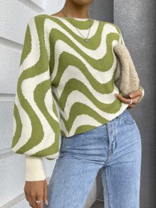 SHEIN Unity 波浪撞色灯笼袖针织套头衫 秋冬款 - 彩色 - 查看 4