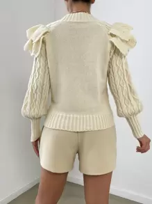 RosyDaze Cable Knit Ruffle Trim Lantern Sleeve Jumper - Beige - View 2