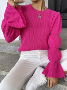 SHEIN Essnce Round Neck Gathered Flounce Sleeve Jumper - Hot Pink - View 1