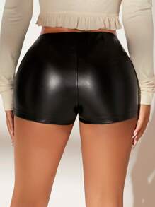SHEIN SXY High Waist Button Detail PU Leather Shorts - Black - View 3