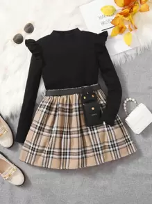 SHEIN 女孩荷葉邊T恤和格紋半身裙不附腰帶