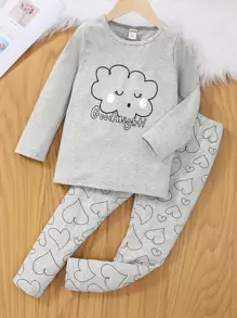 小女童卡通和心形圖案睡衣套裝 - 淺灰色 - 查看 1