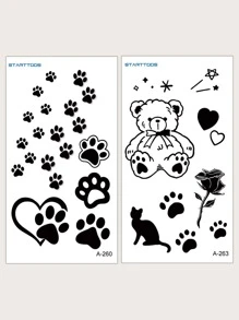 2 hojas Pegatina tatuaje con patrón de oso de dibujos animados - Negro - Ver 1