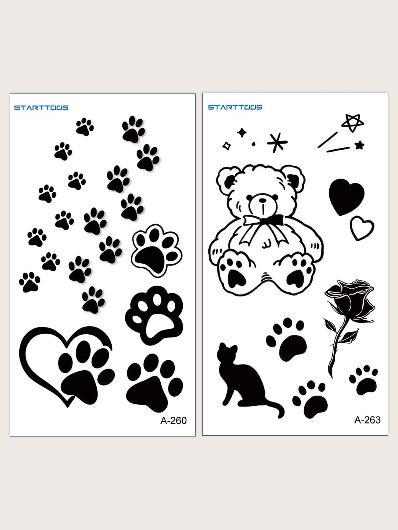 2 hojas Pegatina tatuaje con patrón de oso de dibujos animados - Negro - Ver 1