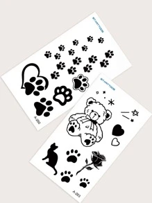 2 hojas Pegatina tatuaje con patrón de oso de dibujos animados - Negro - Ver 5
