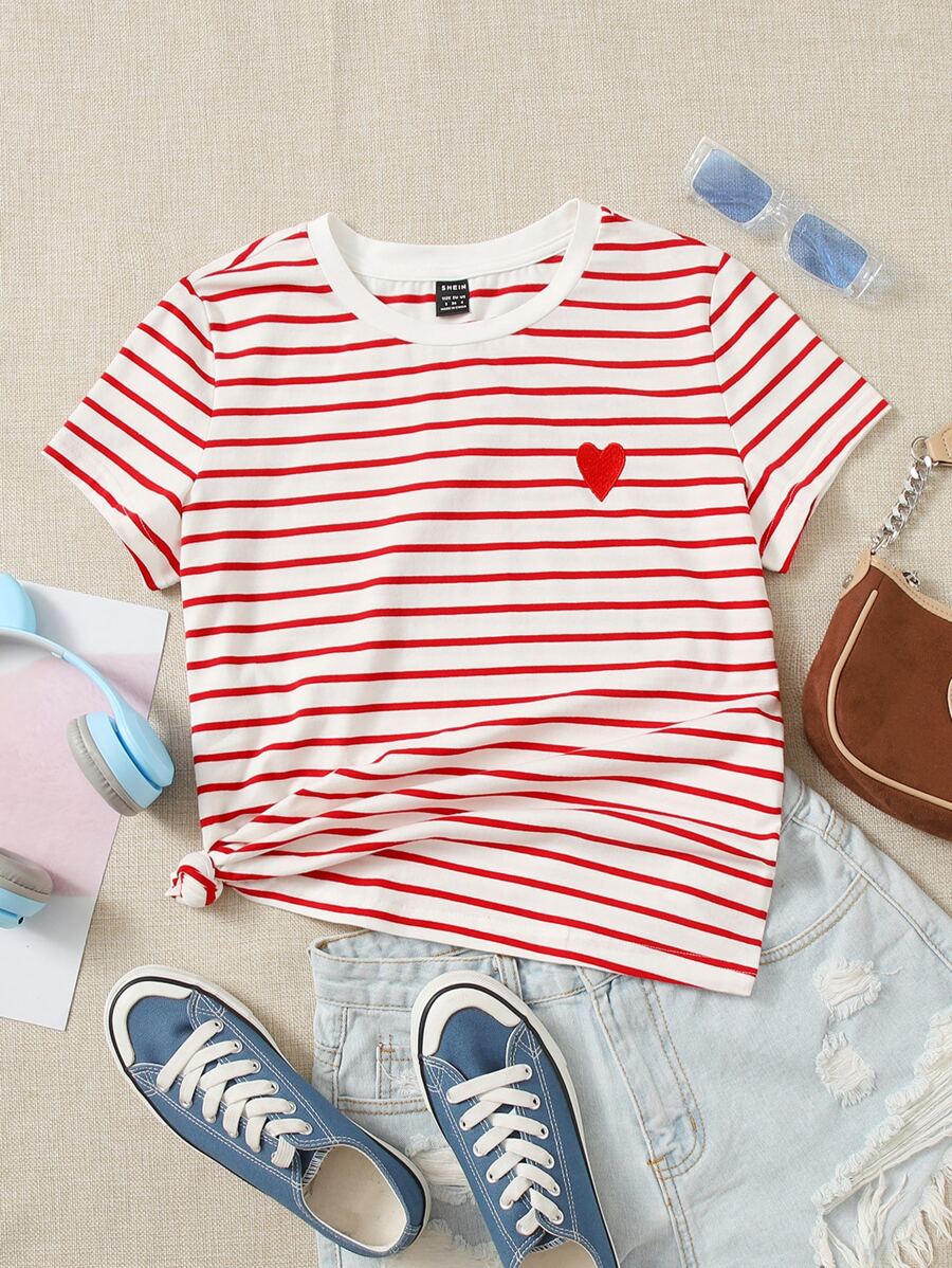 SHEIN EZwear Heart Embroidery Striped Tee